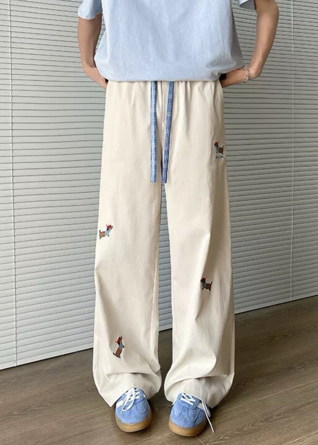 Pantalon ample en coton avec cordon de serrage et poches pour homme, brodé, abricot