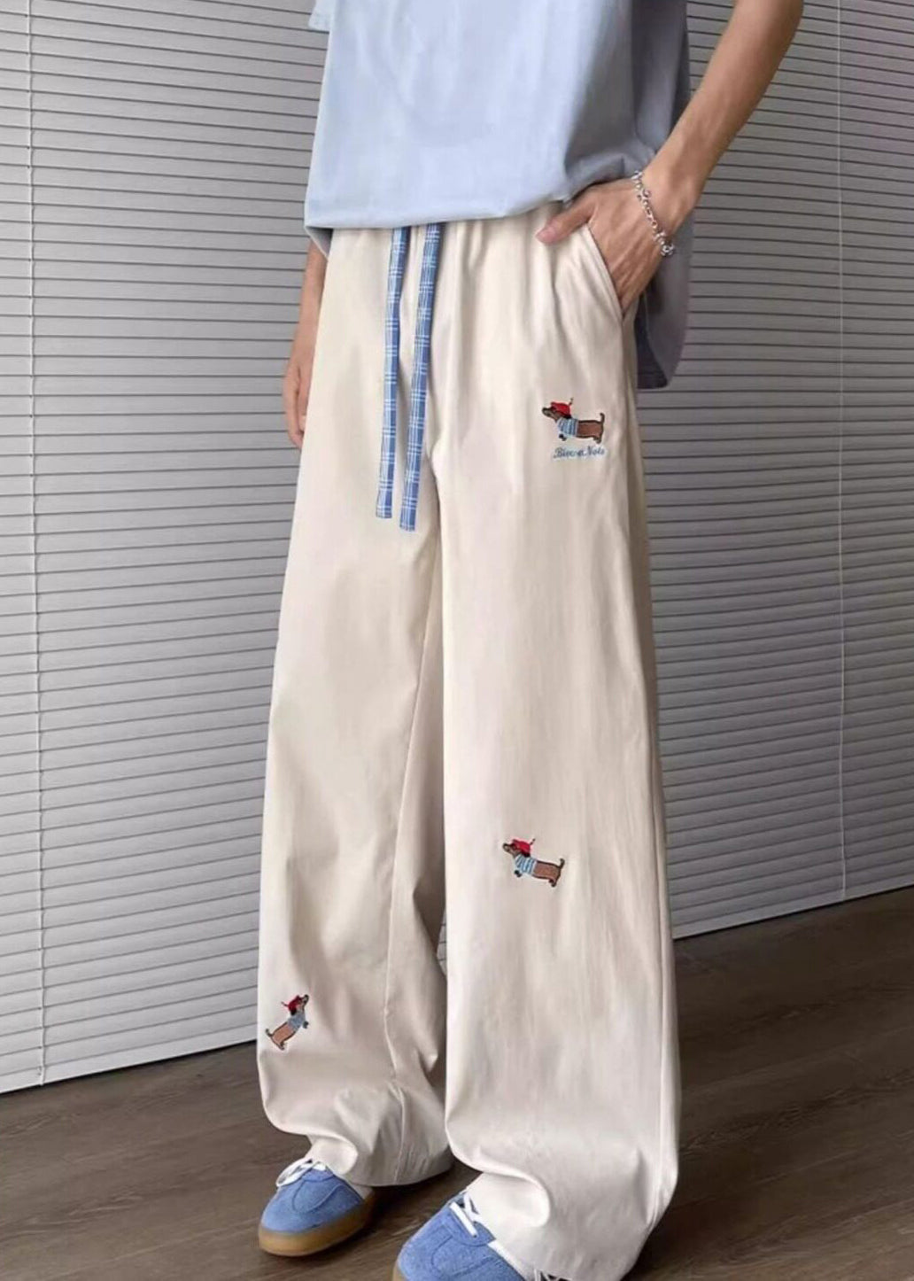 Pantalon ample en coton avec cordon de serrage et poches pour homme, brodé, abricot
