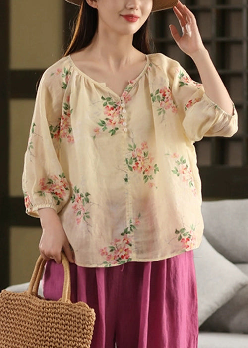 Loose Blouses Thin Apricot Button Print Linen Summer