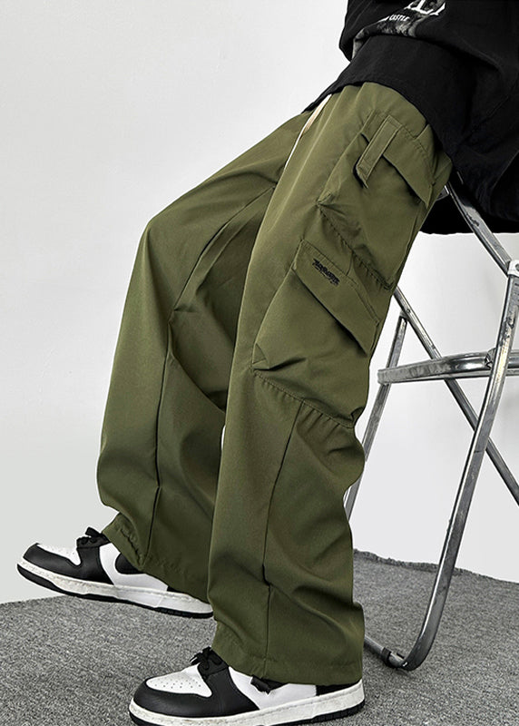 Pantalon décontracté en coton vert avec cordon de serrage et poches pour homme