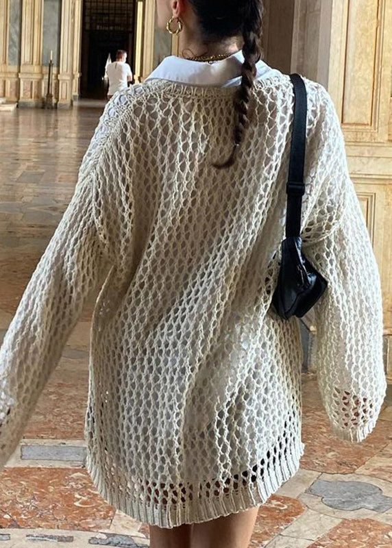 Out Knit Beige Pullover Hohl Solide Lose Sommer