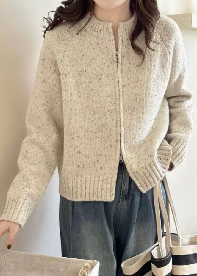 Lockerer Beige Reißverschluss Patchwork Gemütlicher Strickmantel Langarm TU012