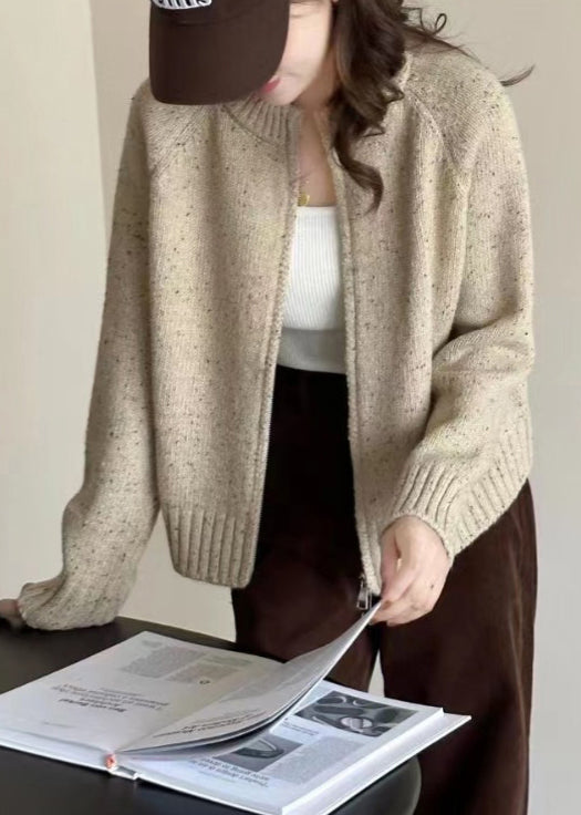 Lockerer Beige Reißverschluss Patchwork Gemütlicher Strickmantel Langarm TU012