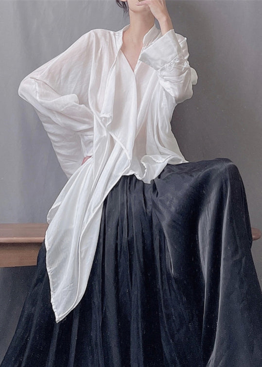 Lockere schwarze asymmetrische Bluse aus fester Seide und Baumwolle, Frühling KK021