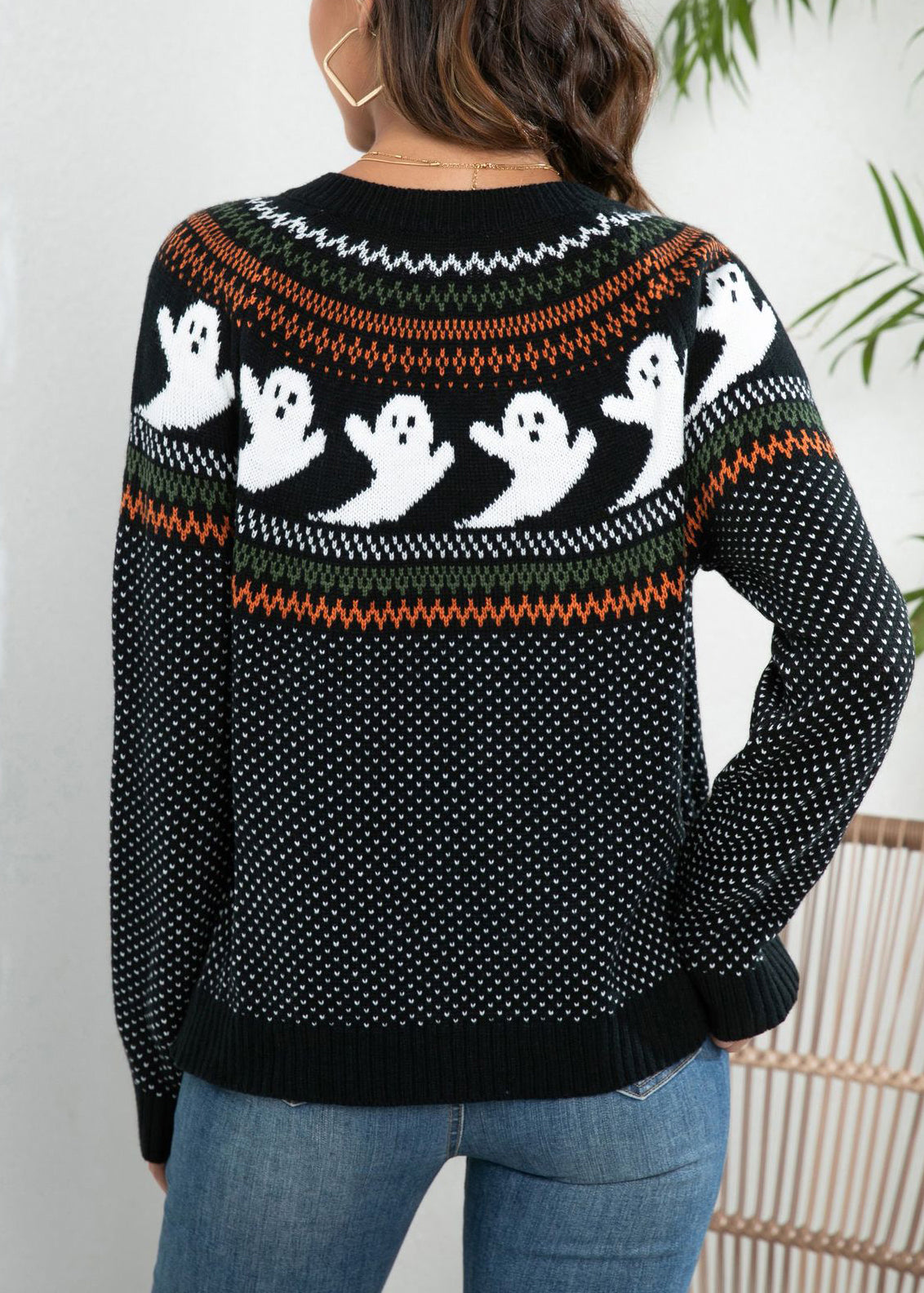 Lockere schwarze Strickjacke mit Geister-Punkt-Patchwork-Muster, Herbst AE1020