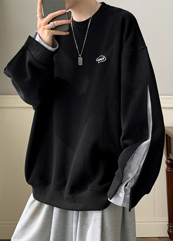 Men Loose Neck False Pieces Cotton O Two Black Sweatshirt Button