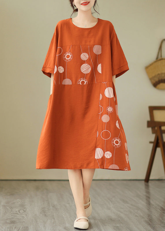 Loose Black O-Neck Print Holiday Long Dress Short Sleeve GH1007