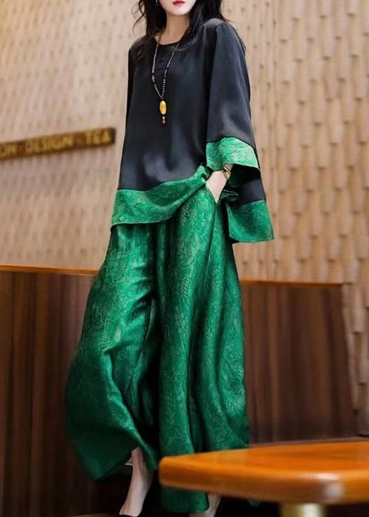 Tops Pieces Green Silk Black Two O Neck And Loose Patchwork Pants