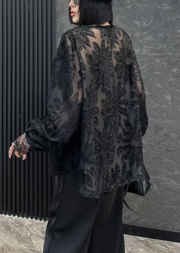 Loose Black V Neck Solid Chiffon Shirt Long Sleeve OP1044