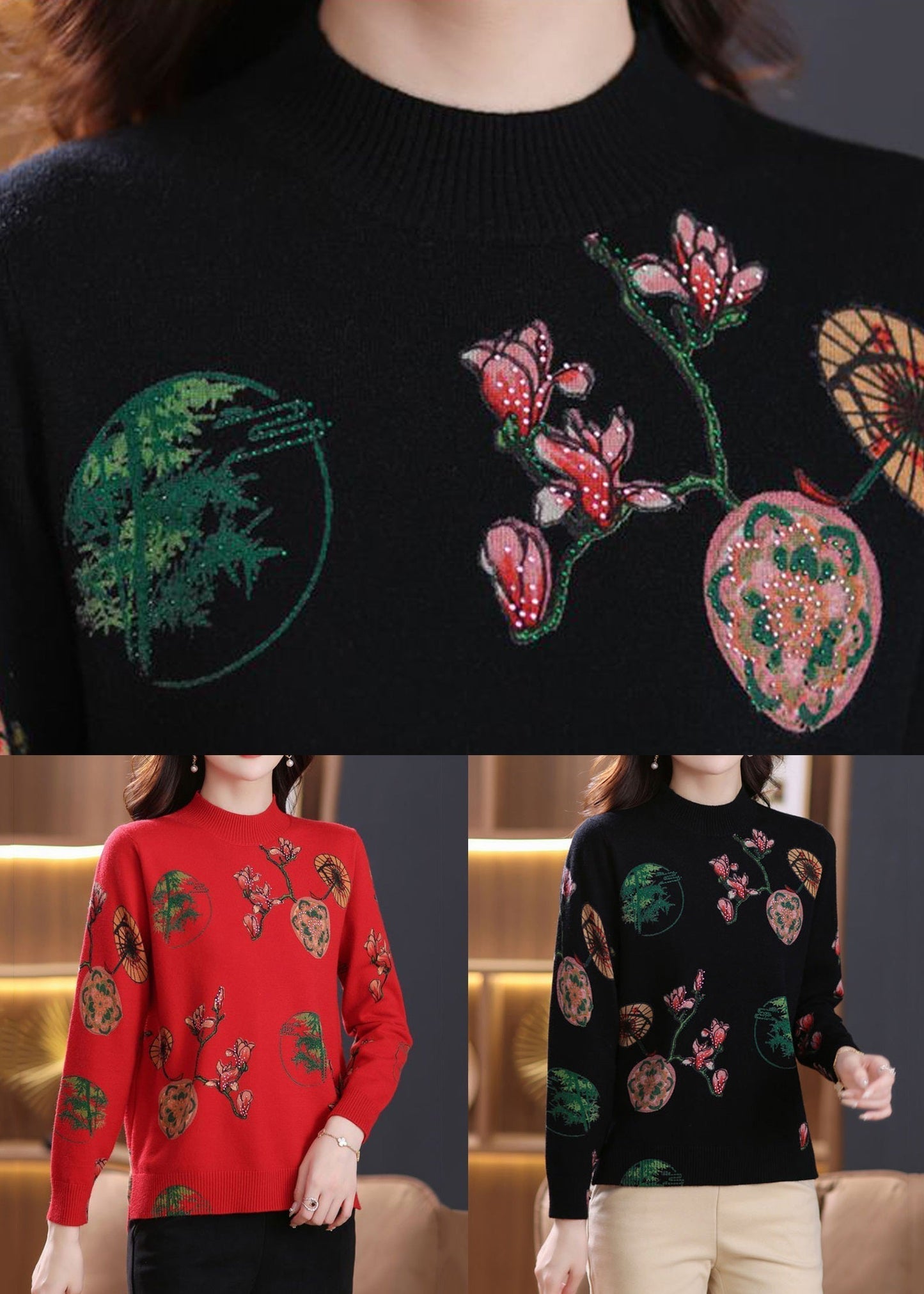 Loose Black Zircon Print Wool Knit Sweaters Spring TB015