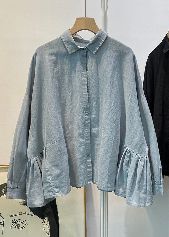 Lose Blaue Knopf Falten Baumwolle Blusen Frühling TD030