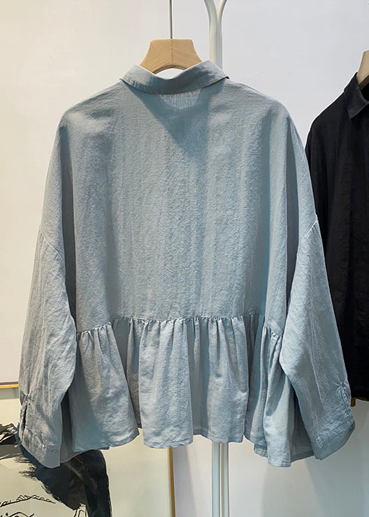 Lose Blaue Knopf Falten Baumwolle Blusen Frühling TD030