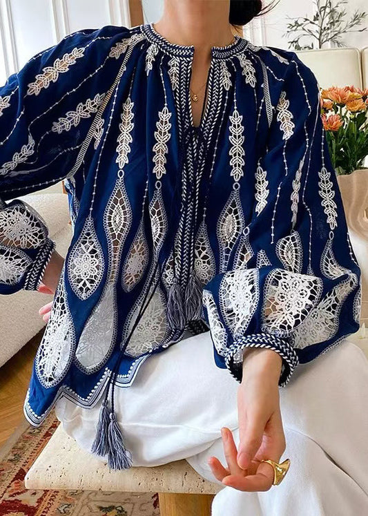 Chemisiers en coton amples à lacets bleus et ajourés pour le printemps