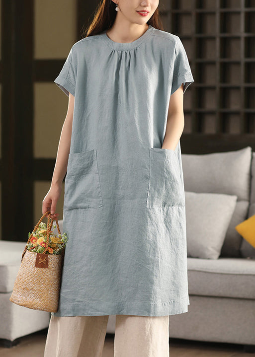 Blaue Sommerkleider mit Rundhalsausschnitt und Taschen aus Leinen