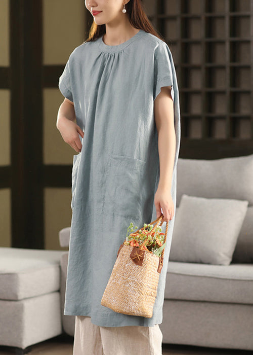 Blaue Sommerkleider mit Rundhalsausschnitt und Taschen aus Leinen