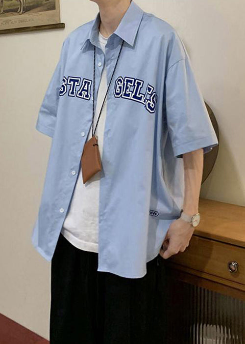 Chemises d'été à col Peter Letter en coton bleu pour homme, coupe ample