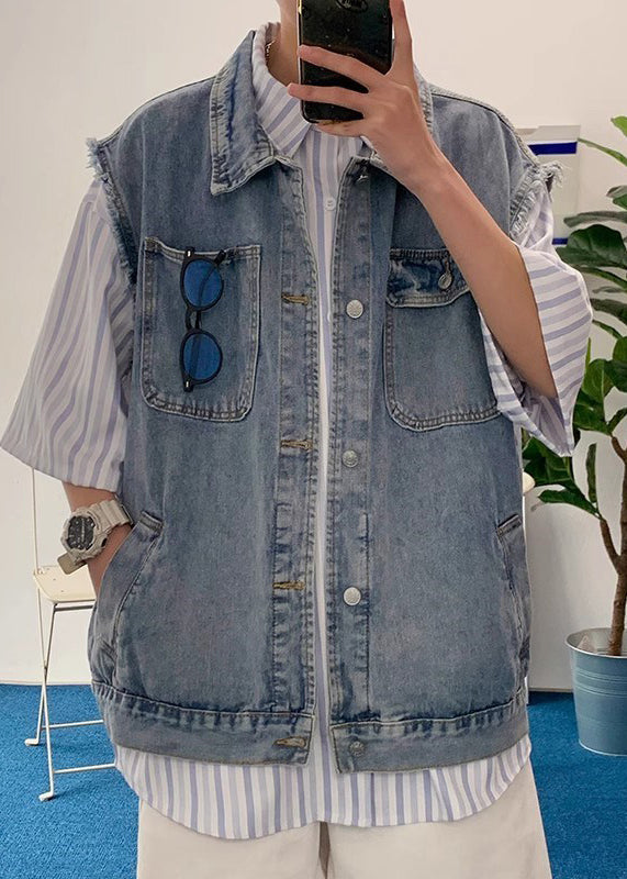 Waistcoat Blue Men Collar Pan Pockets Peter Loose Denim