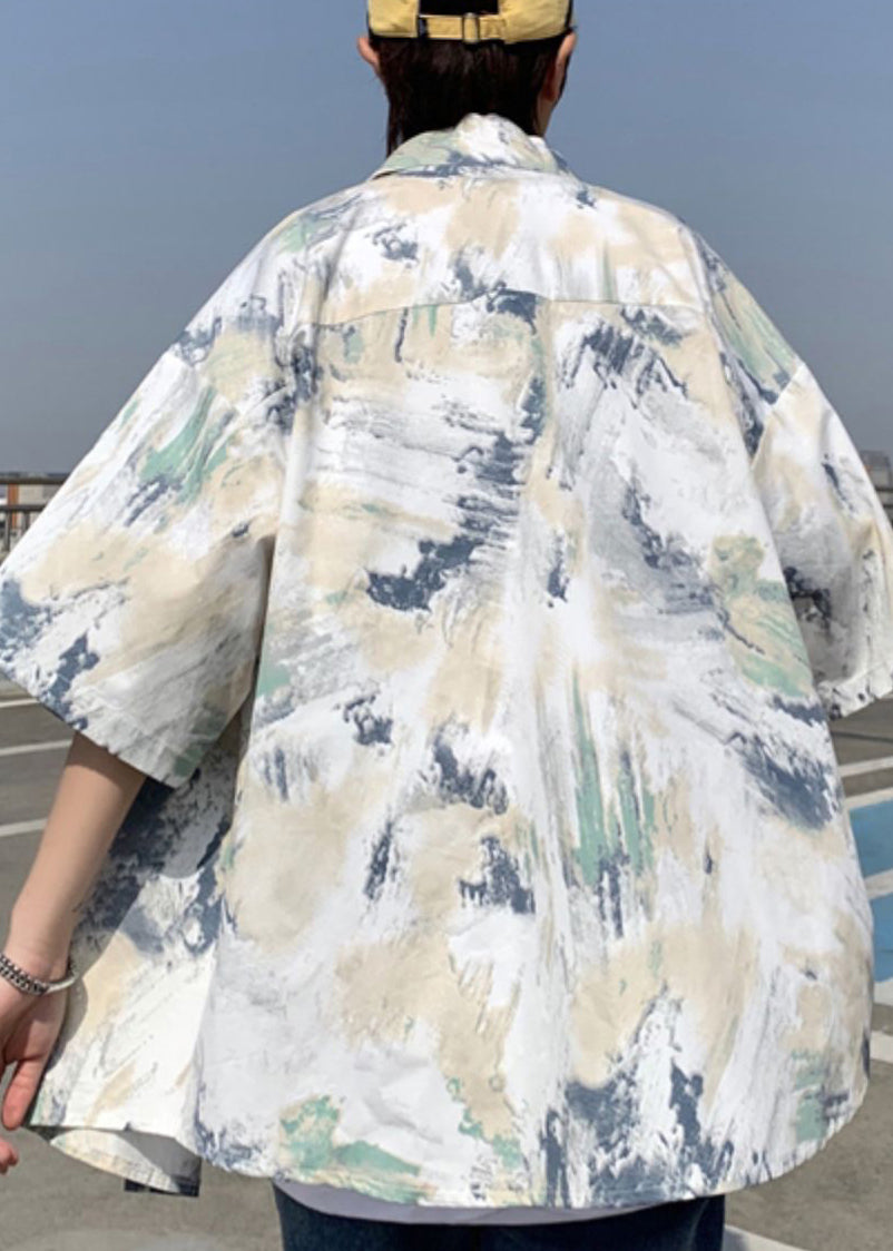 Chemises d'été pour hommes, cravate en soie, col Peter ample, teinture glacée, bleu