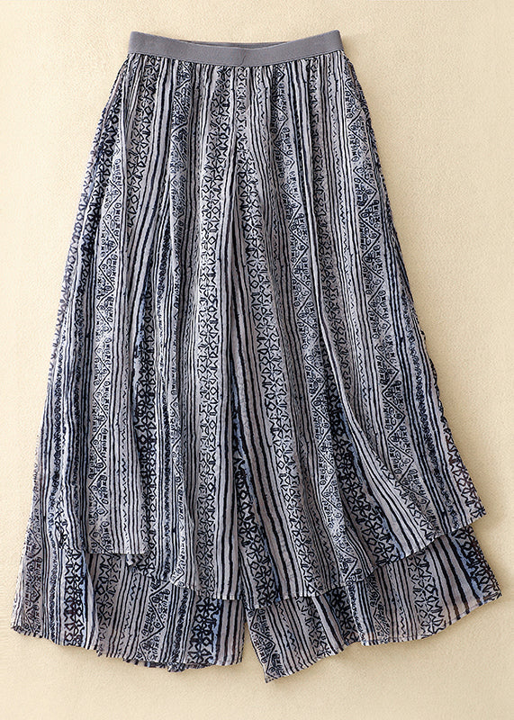 Pantalon ample à taille élastique en coton et soie à imprimé bleu VV046