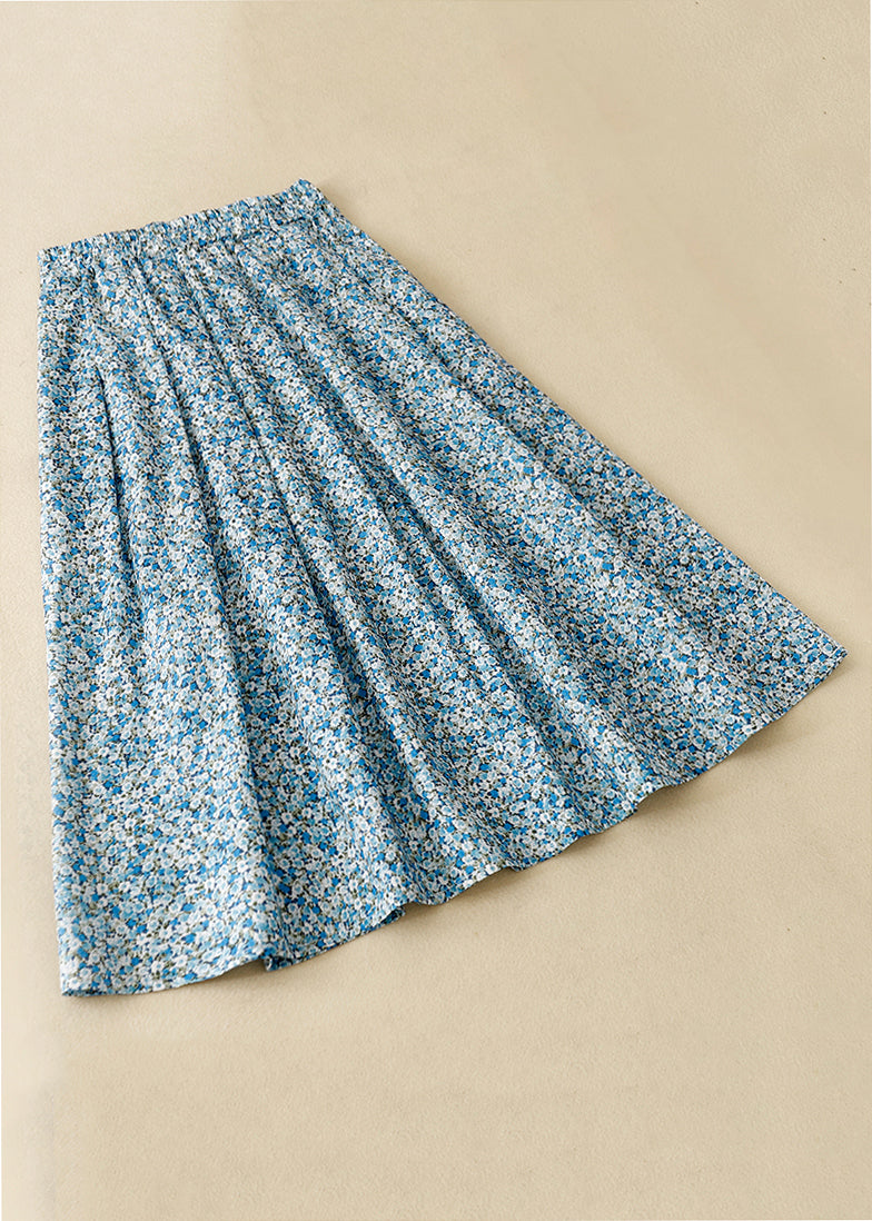 Loose Blue Print Pockets Elastic Waist Cotton Skirt Summer GG010