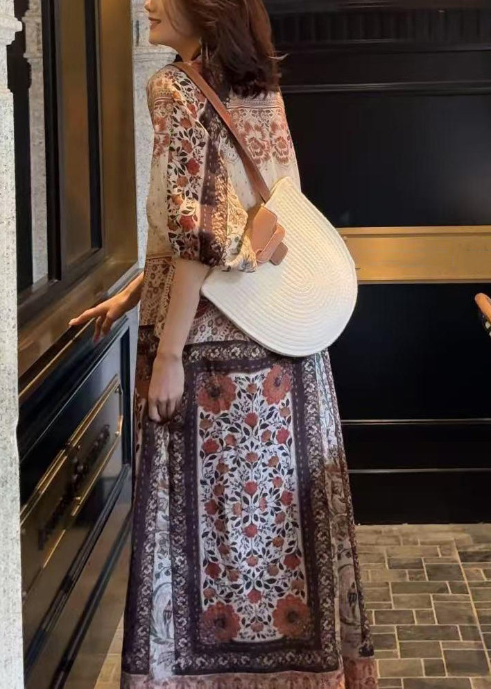 Dress Button Pockets Cotton Long Half Loose Sleeve Print