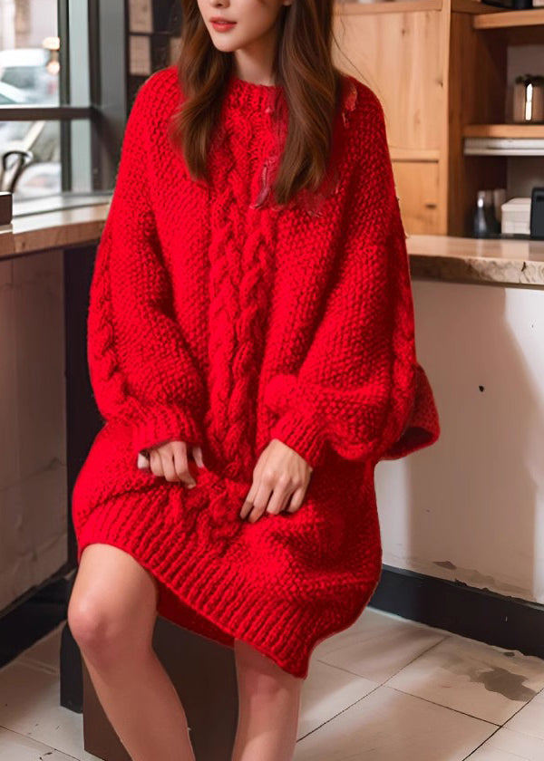 Lockerer, kamelfarbener O-Ausschnitt, einfarbiger Zopfmuster-Baumwoll-Strickpullover für den Winter RP027