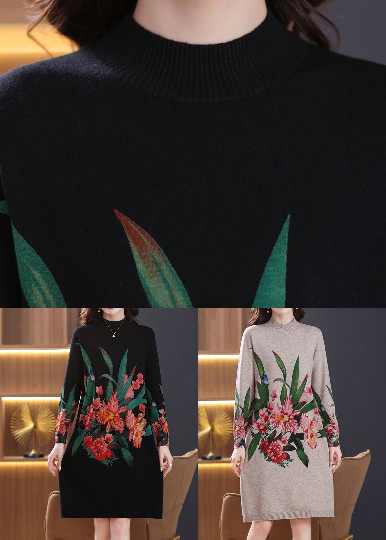 Lockeres, langärmliges Wollstrickkleid mit Rollkragen in Kamelbraun TB023