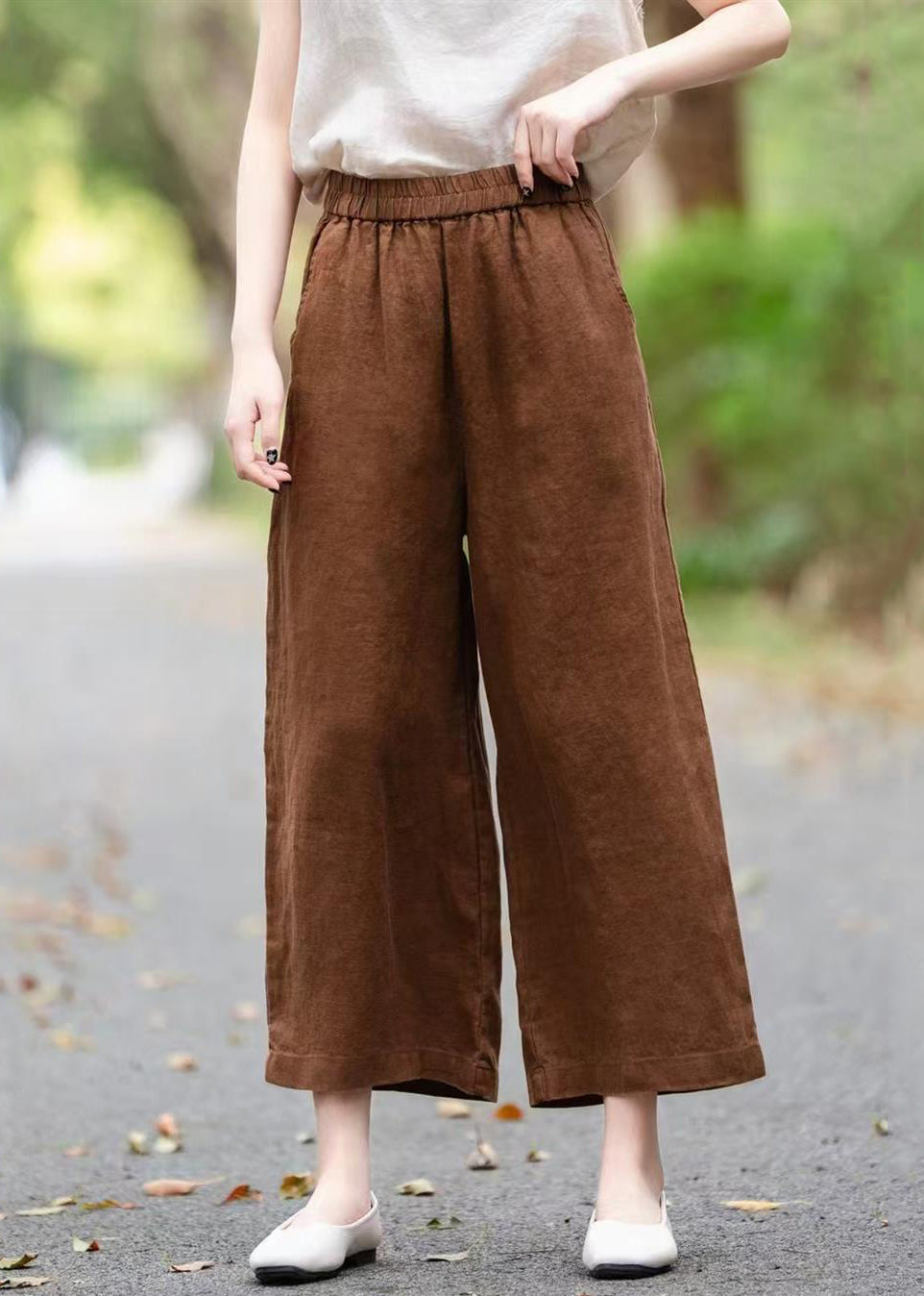 Pantalon d'été ample et large en lin avec poches sur les jambes