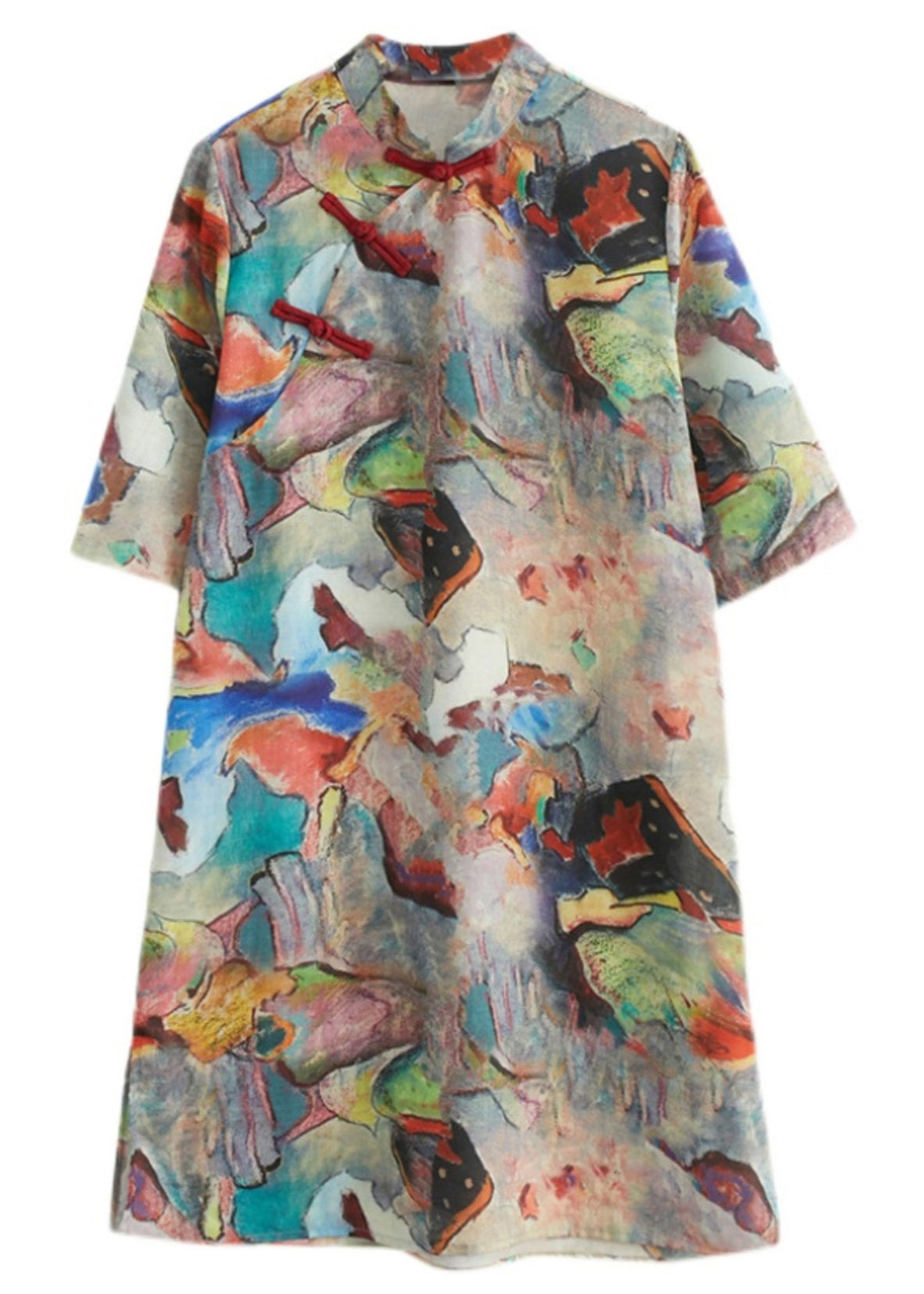 Loose Colorblock Stand Collar Button Print Cotton Dress Half Sleeve GH1027