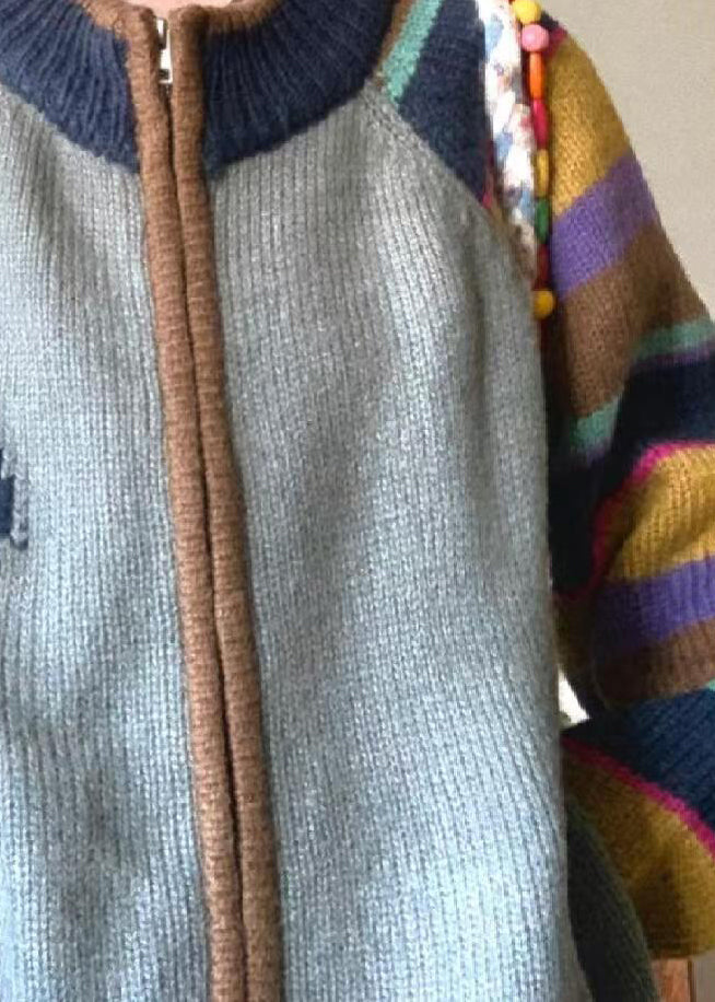 Lose Colorblock Reißverschlusstaschen Print Patchwork Strickmantel Frühling TN045