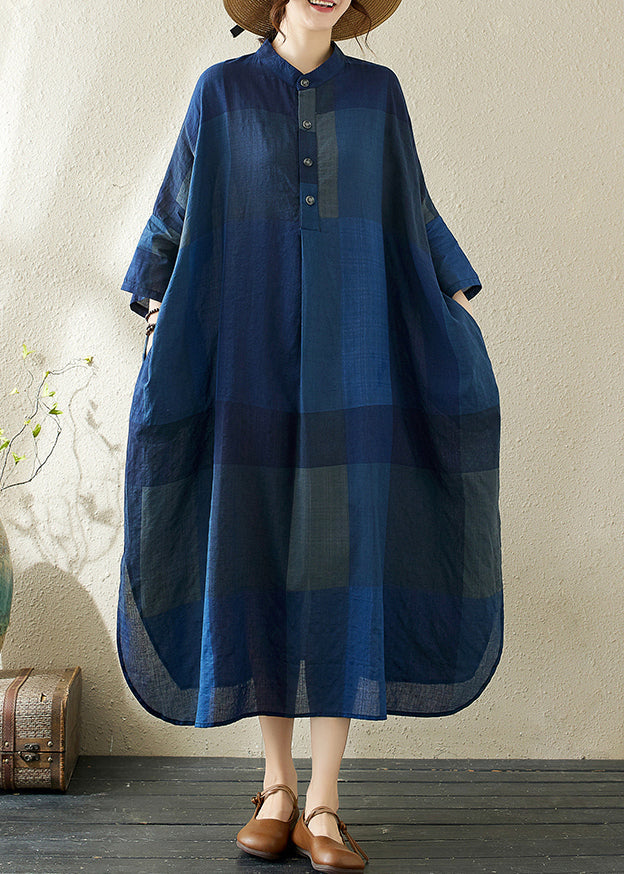 Plaid Dunkel Lose Stand Blau Seite Kleider Kragen Offen Lange