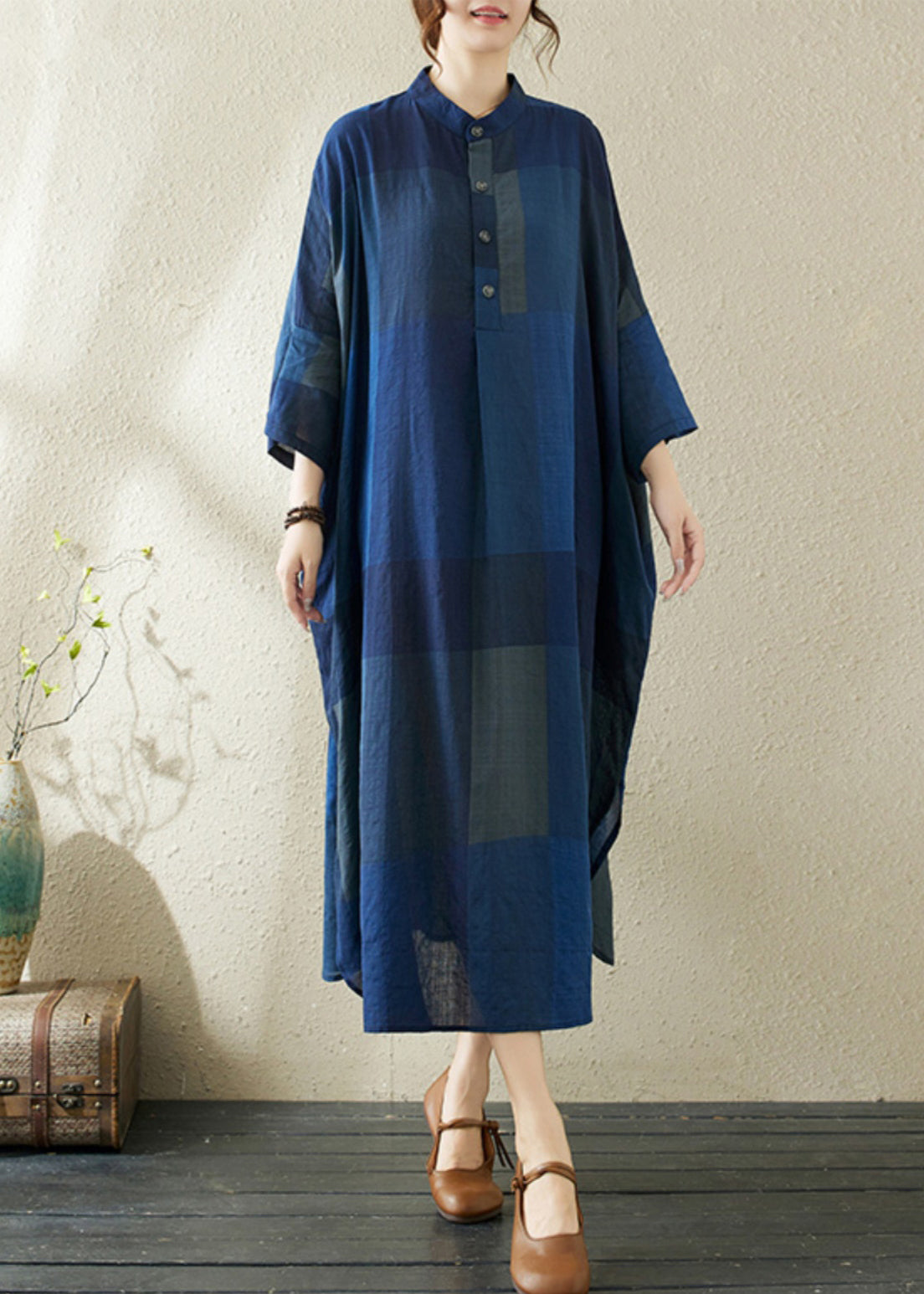 Plaid Dunkel Lose Stand Blau Seite Kleider Kragen Offen Lange