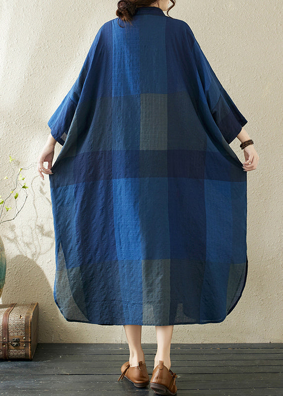 Plaid Dunkel Lose Stand Blau Seite Kleider Kragen Offen Lange