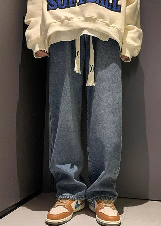 Pantalon en denim bleu ample, design original, taille élastique, polaire chaude, pour homme, printemps RM029