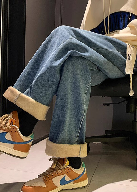 Pantalon en denim bleu ample, design original, taille élastique, polaire chaude, pour homme, printemps RM029