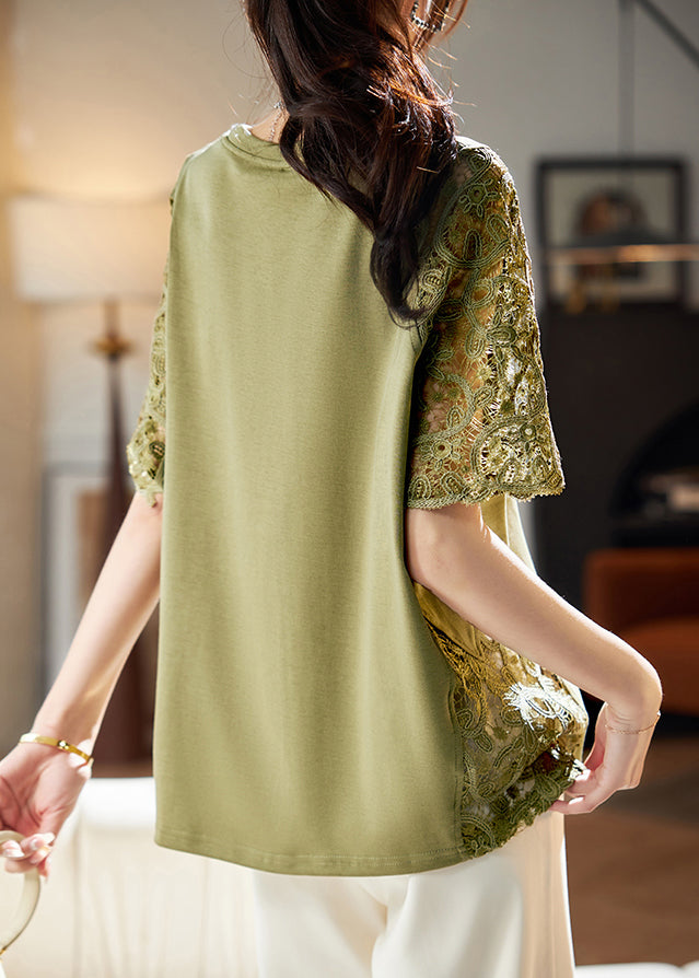 Hollow Patchwork Out Shirts Lace Green Loose T Summer