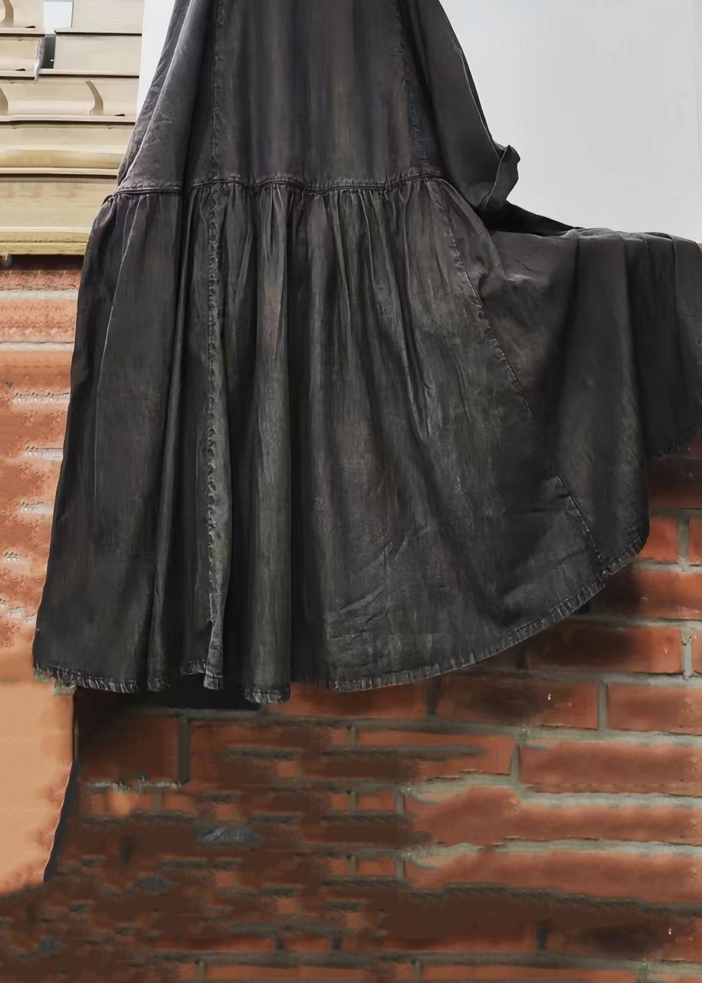 Lockeres grünes O-Ausschnitt-Kleid aus massiver Baumwolle mit langen Ärmeln G170