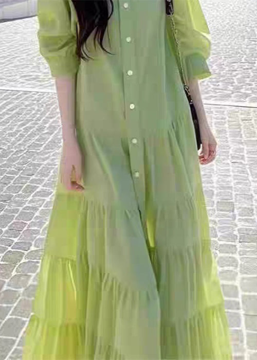 Pan Blouses Peter Loose Button Collar Wrinkled Green Cotton