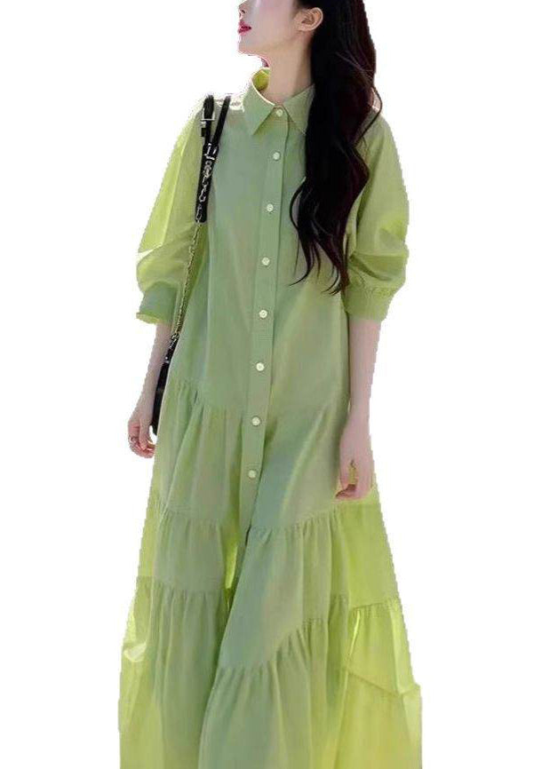 Pan Blouses Peter Loose Button Collar Wrinkled Green Cotton