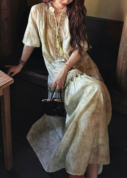 Loose Sleeve Long Green Dresses Silk Tasseled Butterfly