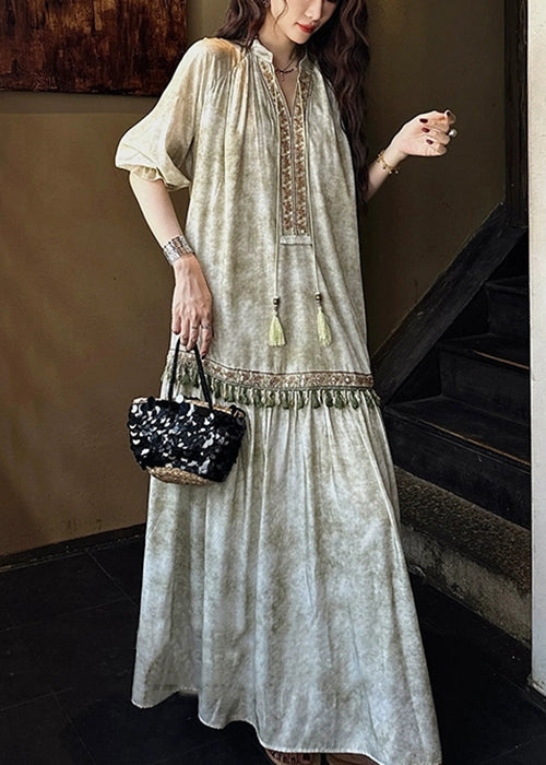 Loose Sleeve Long Green Dresses Silk Tasseled Butterfly