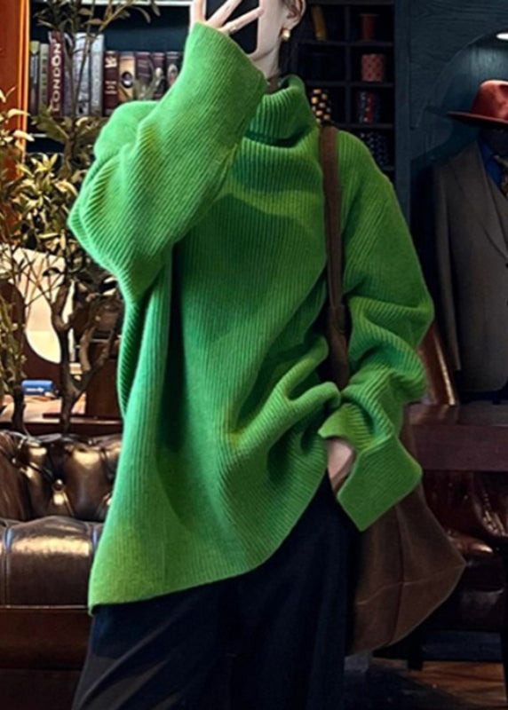 Pull en tricot de coton vert ample à col roulé et ouverture latérale, printemps TO036