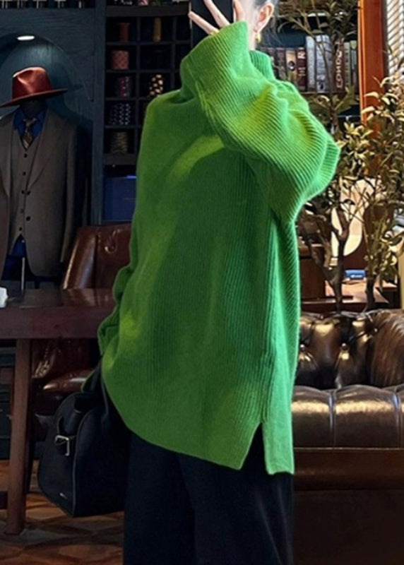 Pull en tricot de coton vert ample à col roulé et ouverture latérale, printemps TO036