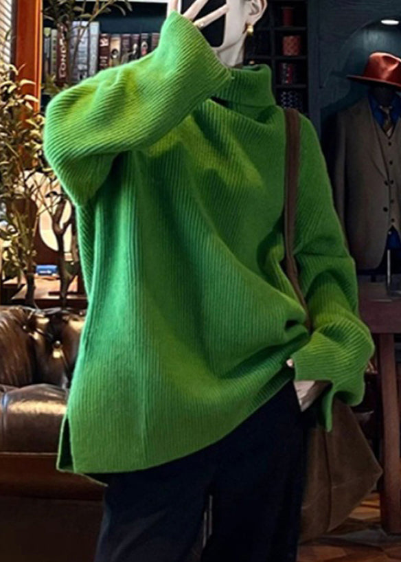 Pull en tricot de coton vert ample à col roulé et ouverture latérale, printemps TO036