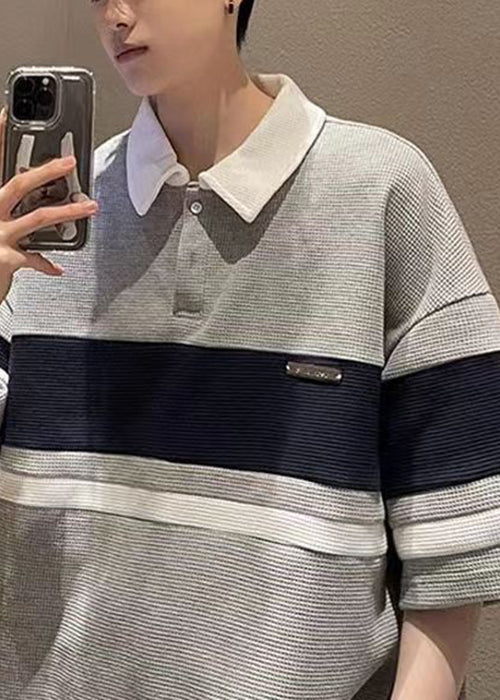 Polo Button Sommer Baumwolle Shirts Lose Herren Grau Patchwork