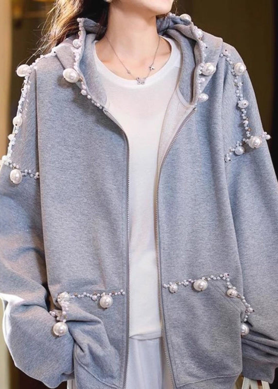 Lose Grau Kapuze Perle Taschen Baumwolle Mäntel Frühling TD029