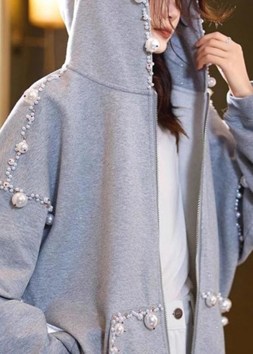 Lose Grau Kapuze Perle Taschen Baumwolle Mäntel Frühling TD029