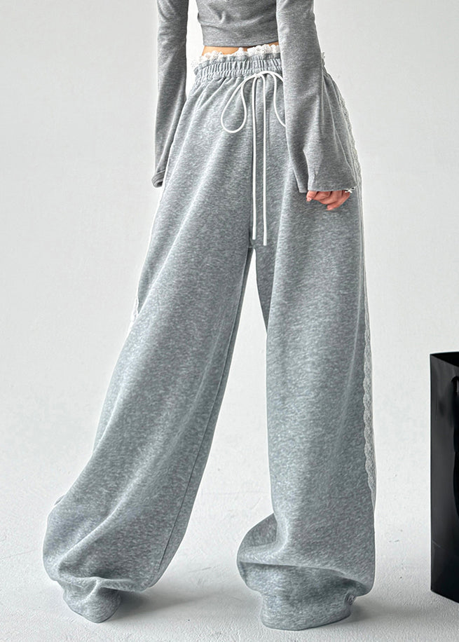 Lose graue Spitze Patchwork elastische Taille weites Bein Hose Frühling TA056