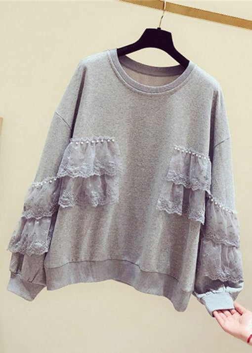 Lose graue Perlenspitze Patchwork Baumwolle Streetwear Frühling TD031