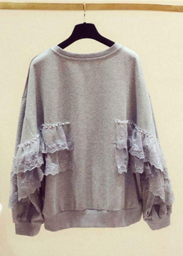 Lose graue Perlenspitze Patchwork Baumwolle Streetwear Frühling TD031